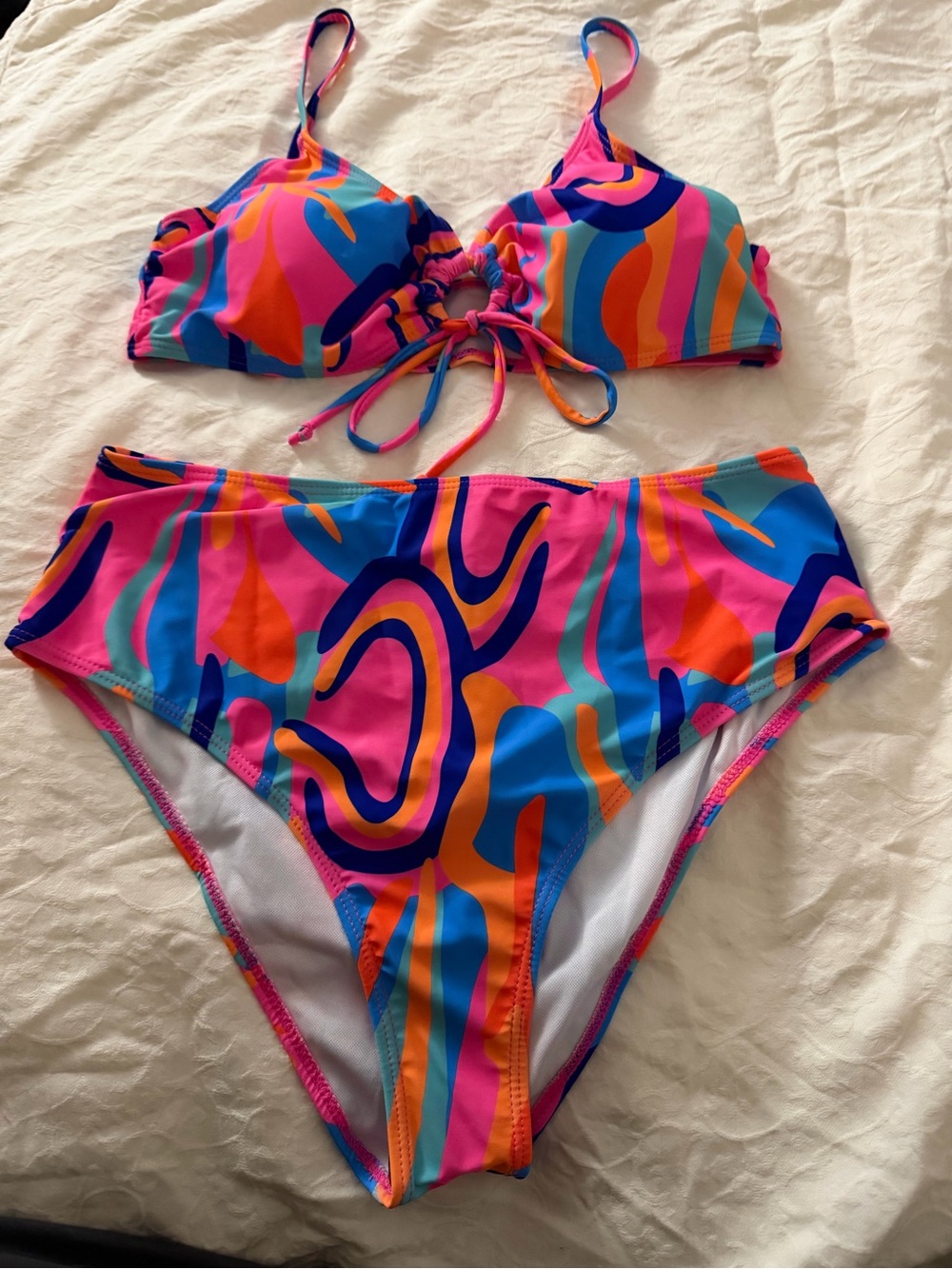 SHEIN Multicolor Abstract Print Bikini Set - Pink Blue Orange